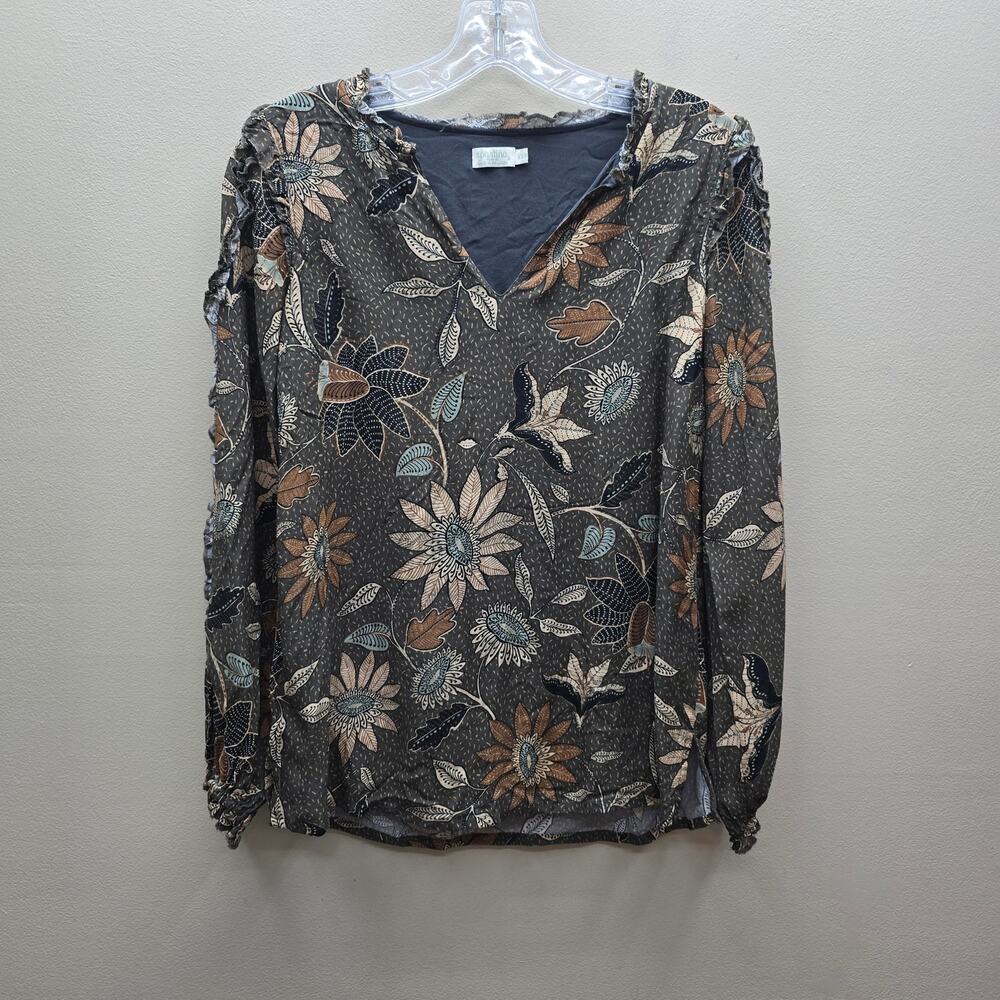 Spartina 449 Willenna Ruffle Blouse Botanic Garden Boho Floral Green Size XXS